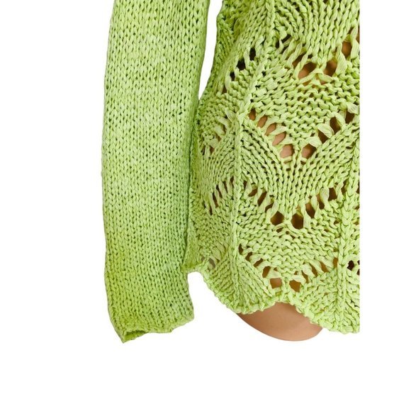 Chico's Women’s Size 0 Crew-neck Open Knit Long Sleeve Crochet Sweater Lime - Picture 2 of 5